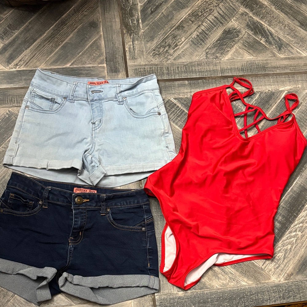 Red Swimsuit and Denim Shorts Set